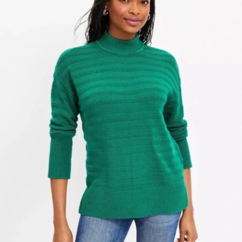 LOFT Textured Stripe Mock Neck Tunic Sweater - Size XXL Green